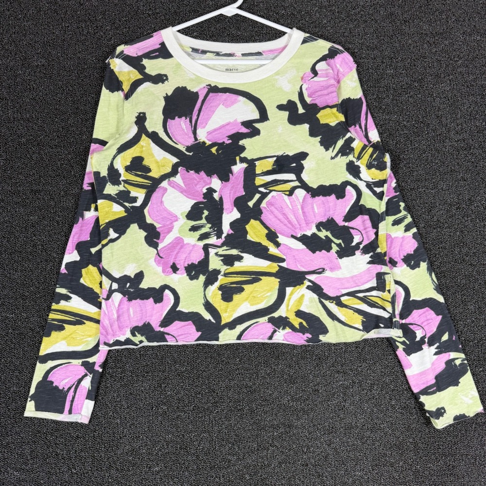 Anthropologie Maeve Caitlin Boxy Long Sleeve Tee Abstract Floral Green Sz. Small